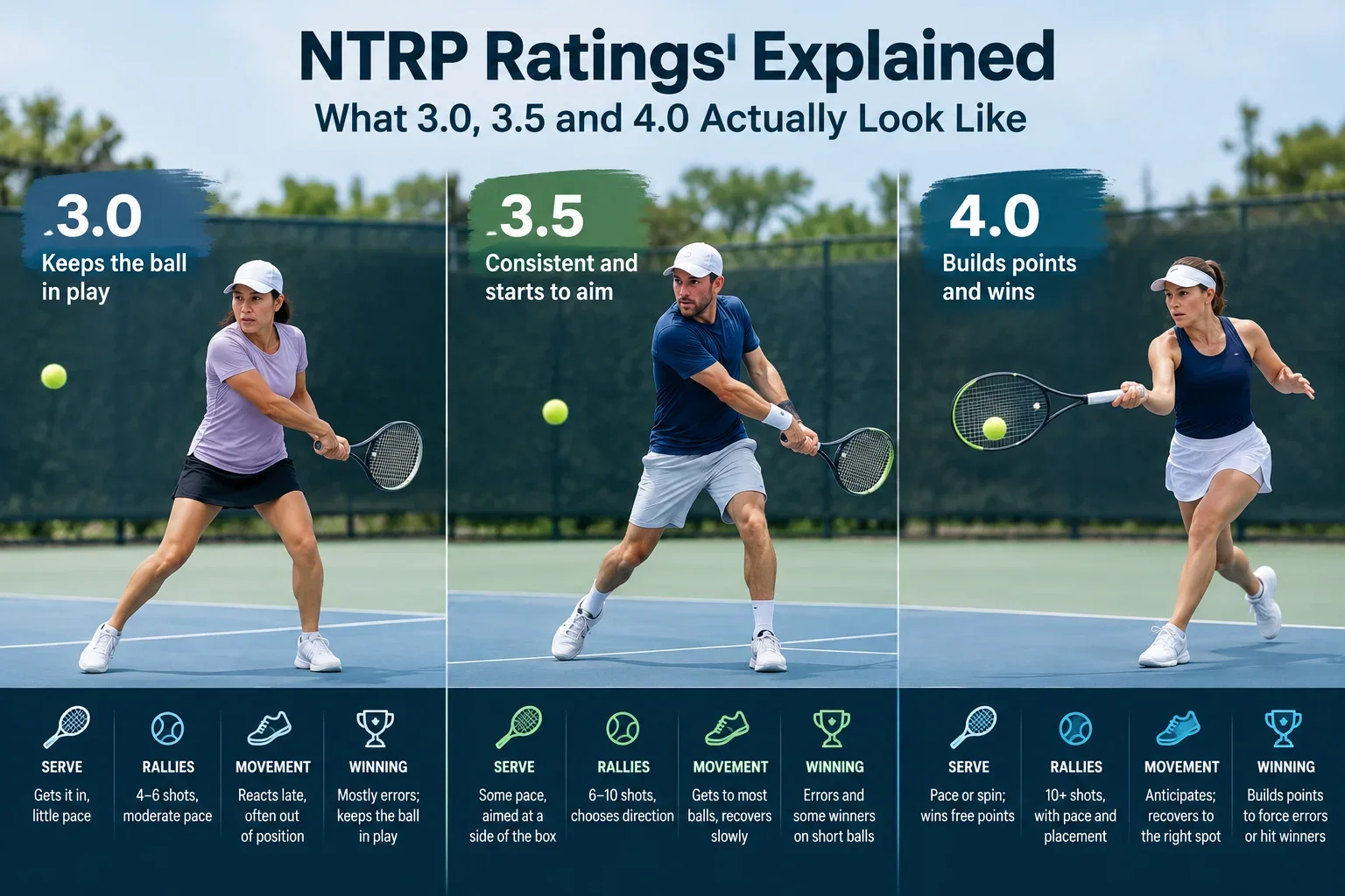 NTRP Ratings Explained: What 3.0, 3.5 and 4.0 Actually Look Like